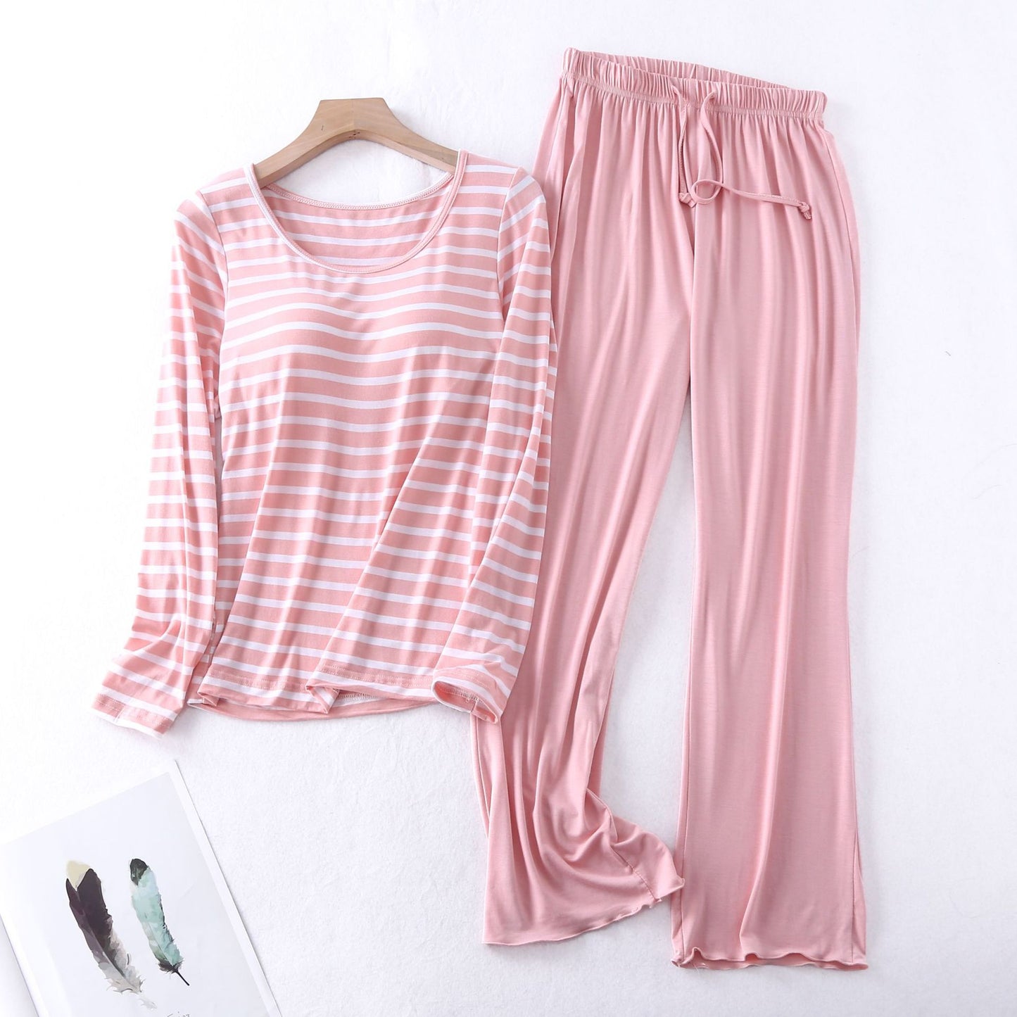 Womens Sleepwear Bra Pad Pajamas Set Stripe For Women Long Sleeve Autumn Winter Pijamas Casual Loose Ladies Set Pyjama Suit Home