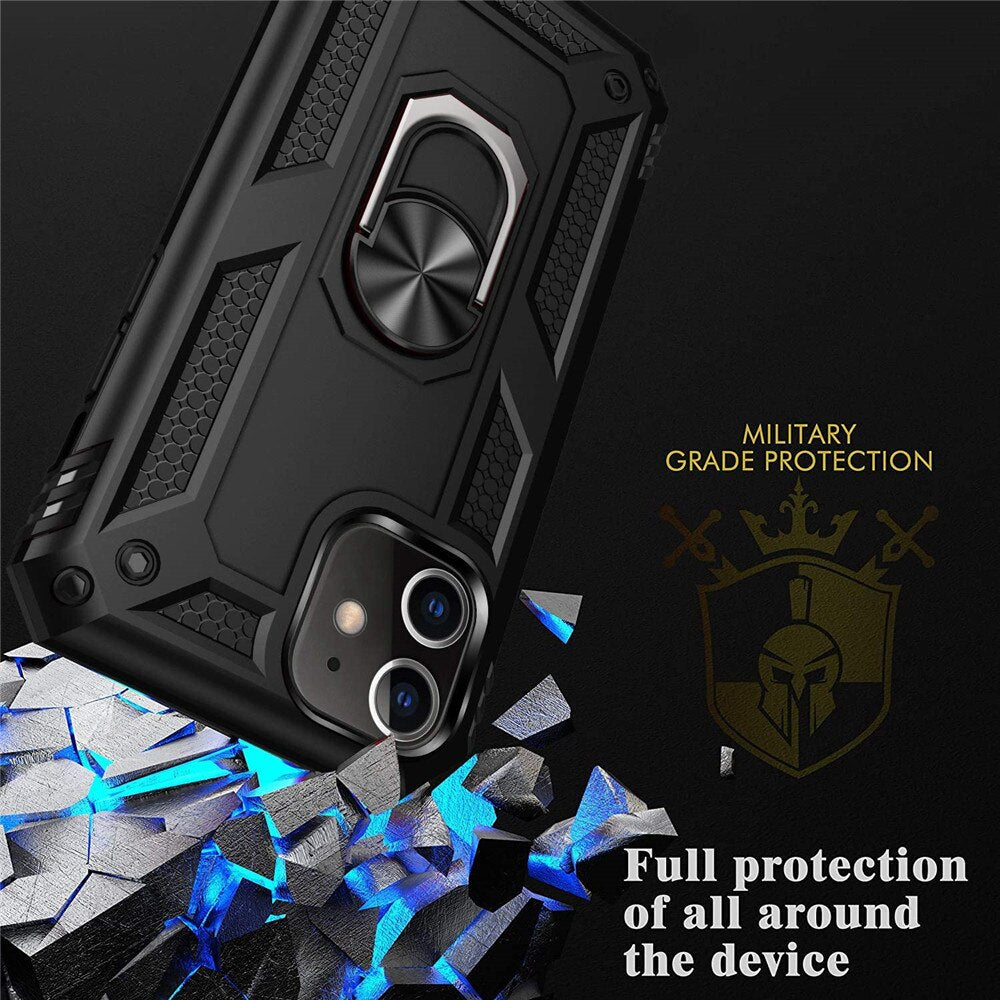 Shockproof Phone Case with 2pcs Glass For iphone 11 Pro XR X XS Max 7 8 6 6s Plus Full Cover Car Magnetic Ring Kickstand Cases