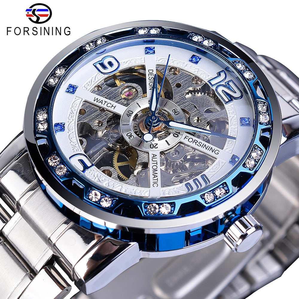 Forsining Fashion Diamond Golden Sliver Skeleton Mechanical Watch Stainless Steel Luminous Men Watches Sport Business Wristwatch