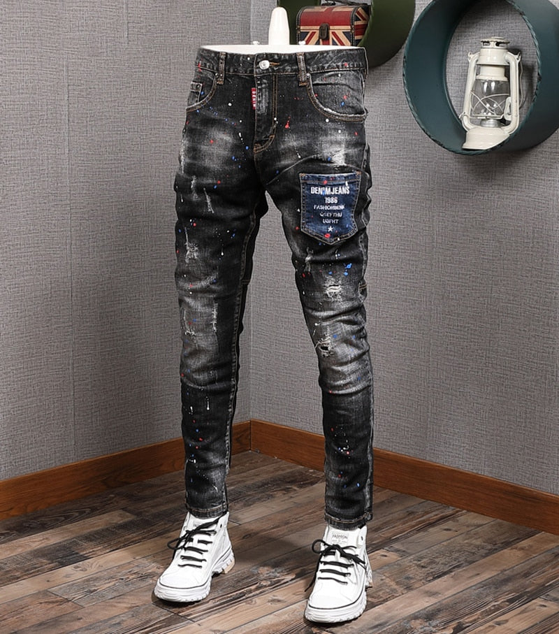 Newly Designer Fashion Men Jeans Italian Vintage Painted Retro Ripped Denim Pants Streetwear Elastic Slim Fit Hip Hop Trousers