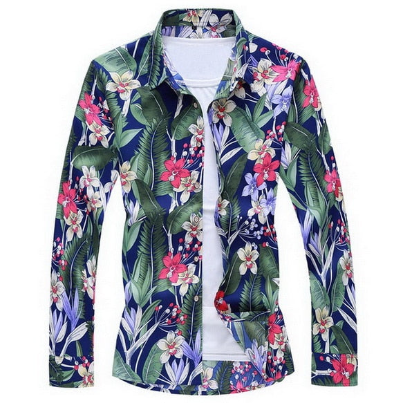 Men&#39;S Fashions 2022 Autumn Spring Clothes Shirt  Long Sleeves  Big Size M-5XL 6XL 7XL Hawaiian Beach Casual Floral Shirt For Man