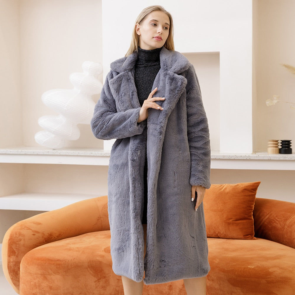 2022 New Women Winter Warm Faux Fur Coat Thick Women Long Coat Turn Down Collar Women Warm Coat Casaco Feminino