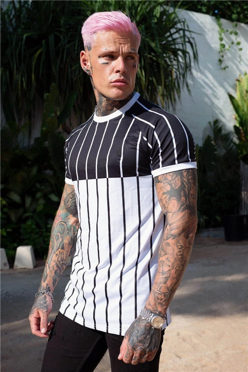 new brand men's stylish cool T-shirt, men's casual style striped hip-hop short sleeve street element printed top, wholesale