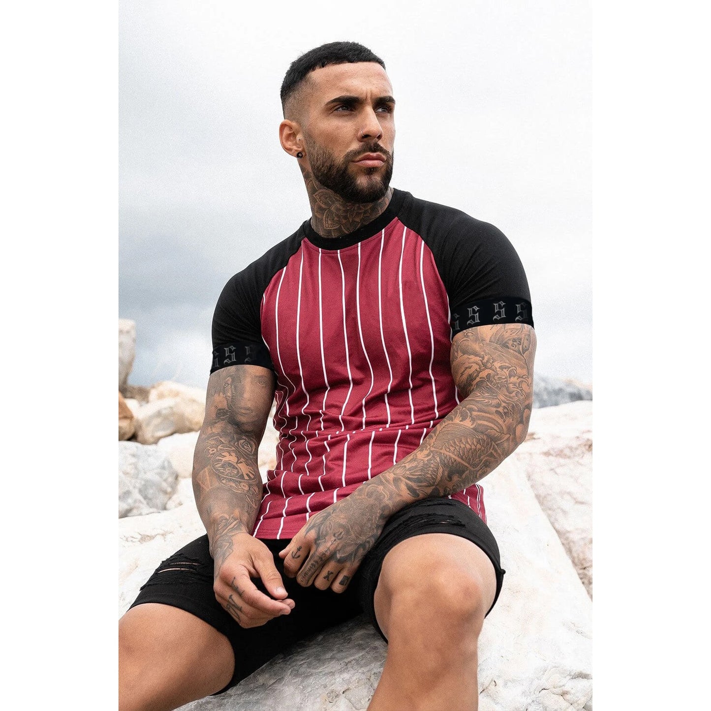 new brand men's stylish cool T-shirt, men's casual style striped hip-hop short sleeve street element printed top, wholesale