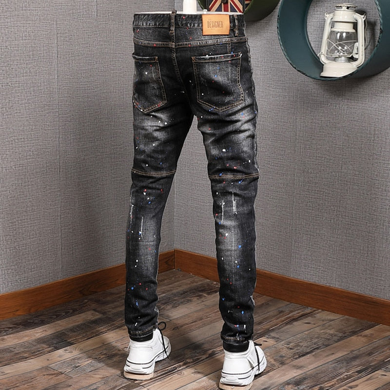 Newly Designer Fashion Men Jeans Italian Vintage Painted Retro Ripped Denim Pants Streetwear Elastic Slim Fit Hip Hop Trousers