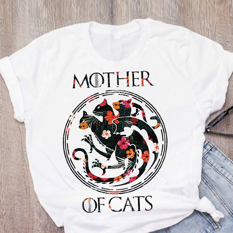 Women Cat Mother Flower Floral Pet Short Sleeve Fashion Print Summer Lady Womens Clothing Tops T-Shirt Shirt Tees Female T Shirt