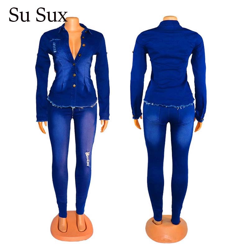 Casual Jeans Suit Women Denim Two Pieces Set Blue Long Sleeve Jeans Top&amp;Long Pants Slim Tracksuit Outfits 2020 Spring Autumn OL