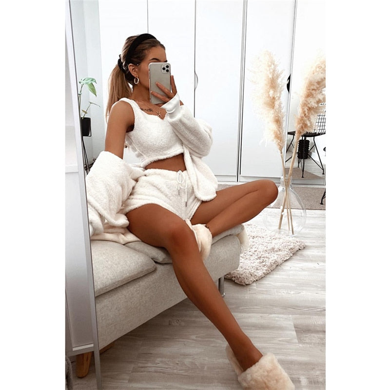 Adogirl 2020 Fall Winter Women Home Plush Suit 3 Piece Set Tank Crop Top Shorts Long Sleeve Cardigan Coat Casual Outfits