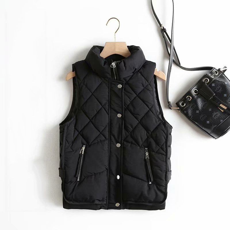 2022 Stand Collar Zipper Pocket Women's Vest Autumn Winter Diamond Cotton Vest Jacket Female Jackets Autumn Spring Women Warm