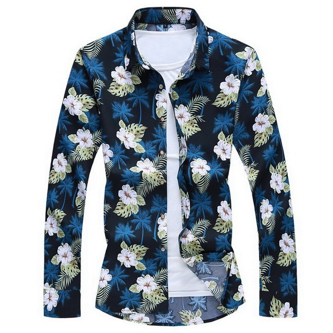 Men&#39;S Fashions 2022 Autumn Spring Clothes Shirt  Long Sleeves  Big Size M-5XL 6XL 7XL Hawaiian Beach Casual Floral Shirt For Man