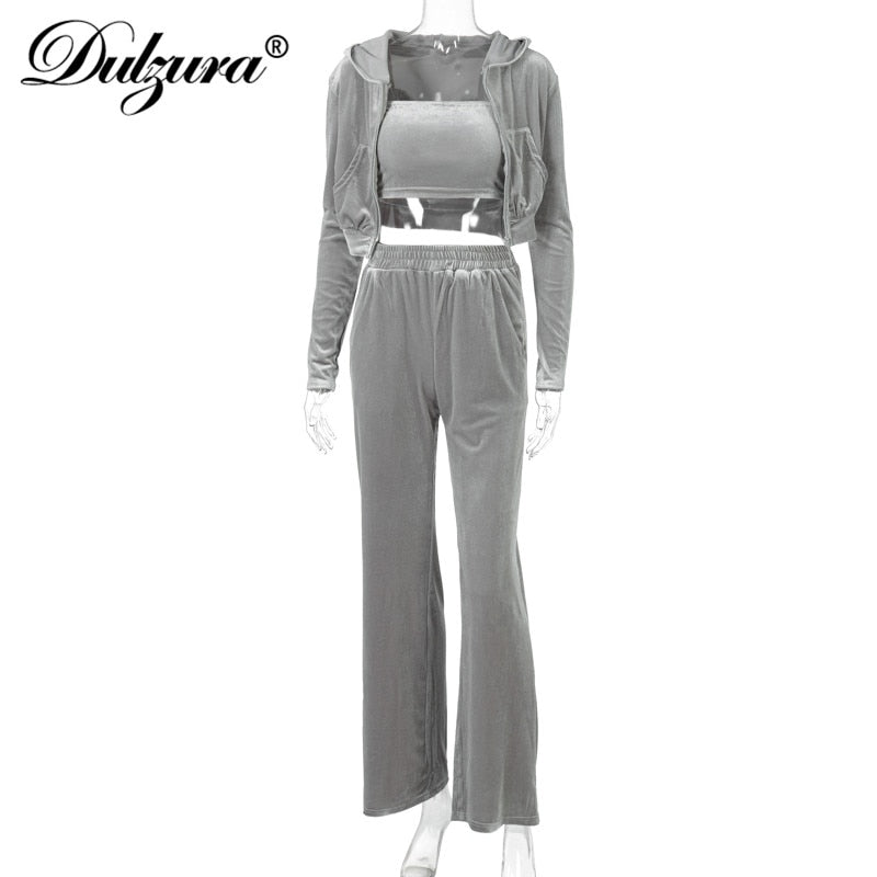 Dulzura Velvet Women 3 Piece Set Hoodie Sweatshirt Zipper Tube Crop Top High Waist Wide Leg Pants Tracksuit Sporty Casual Outfit