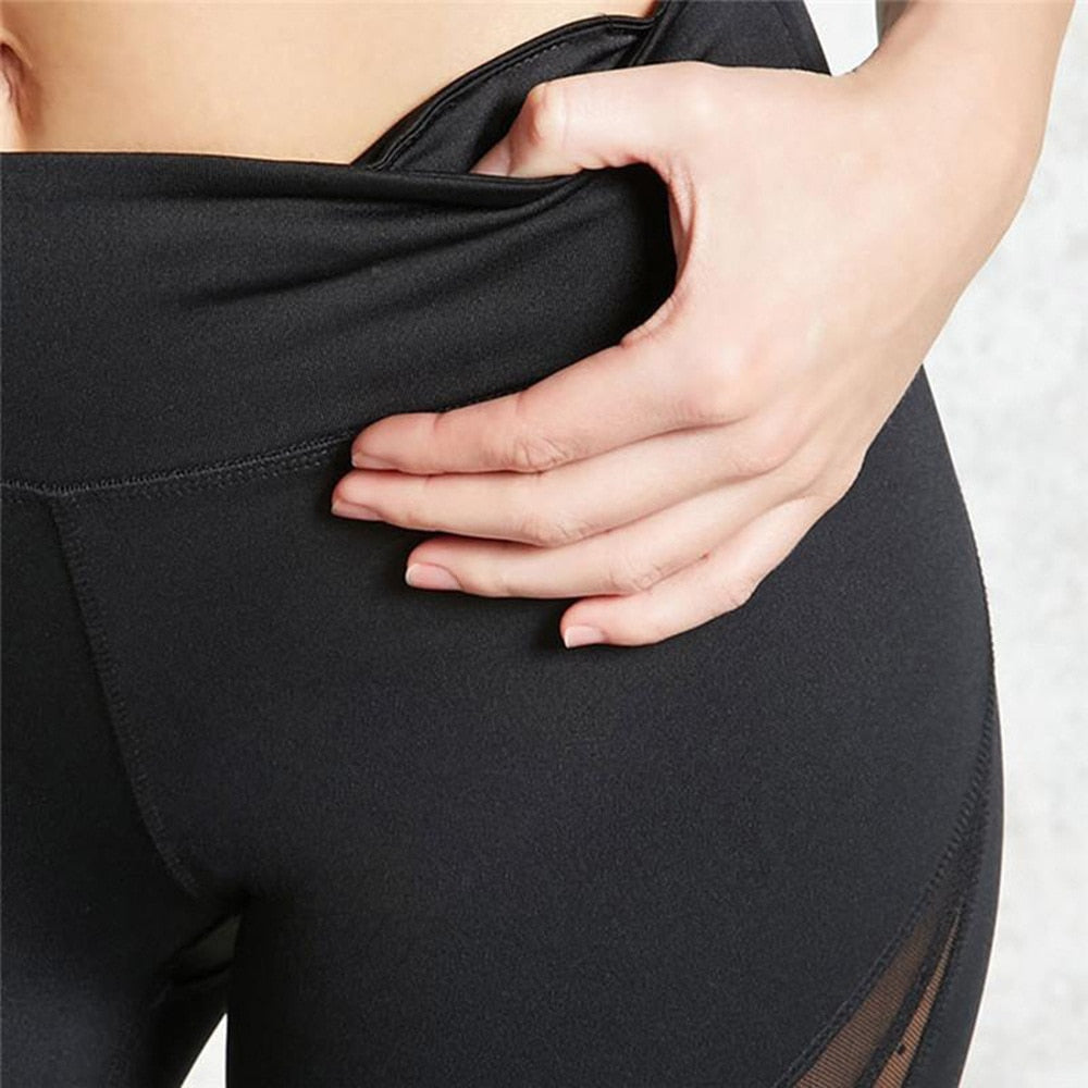 High Waist Workout Black Yoga Legging Mesh Splicing See Through Fitness Leggings Tights Sport Sweat Yoga Pants For Women