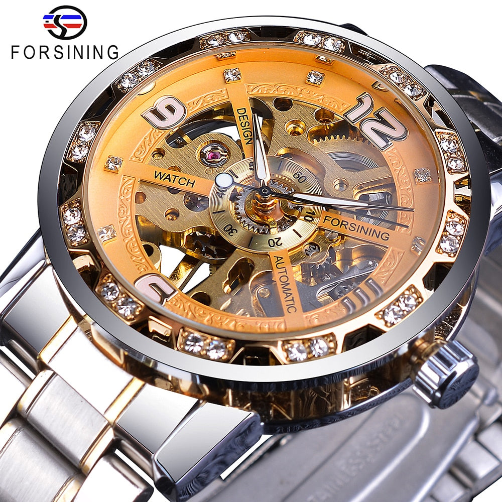 Forsining Fashion Diamond Golden Sliver Skeleton Mechanical Watch Stainless Steel Luminous Men Watches Sport Business Wristwatch