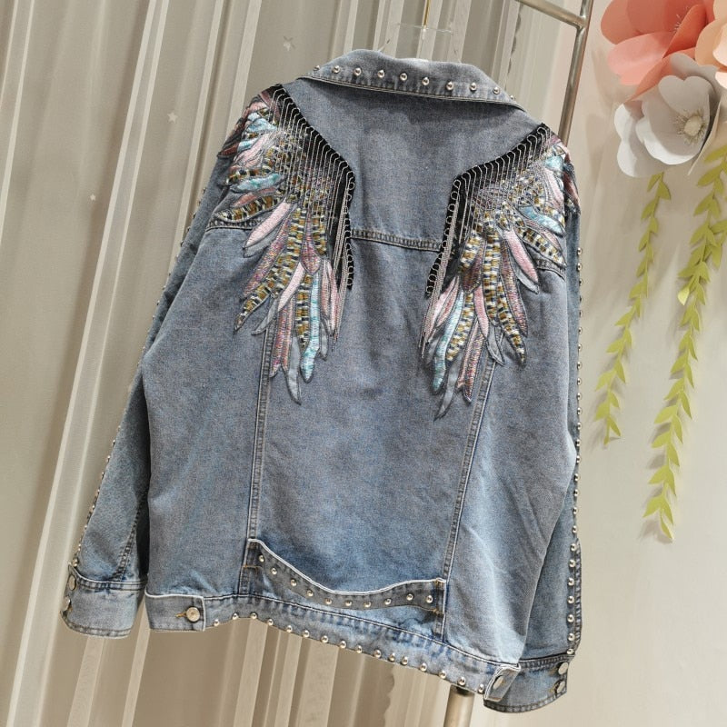 Rivet Wings Punk Coats Women Casual Embroidered Denim Jacket 2021 Sprint Short Denim Coat Jackets for Women Long Sleeve