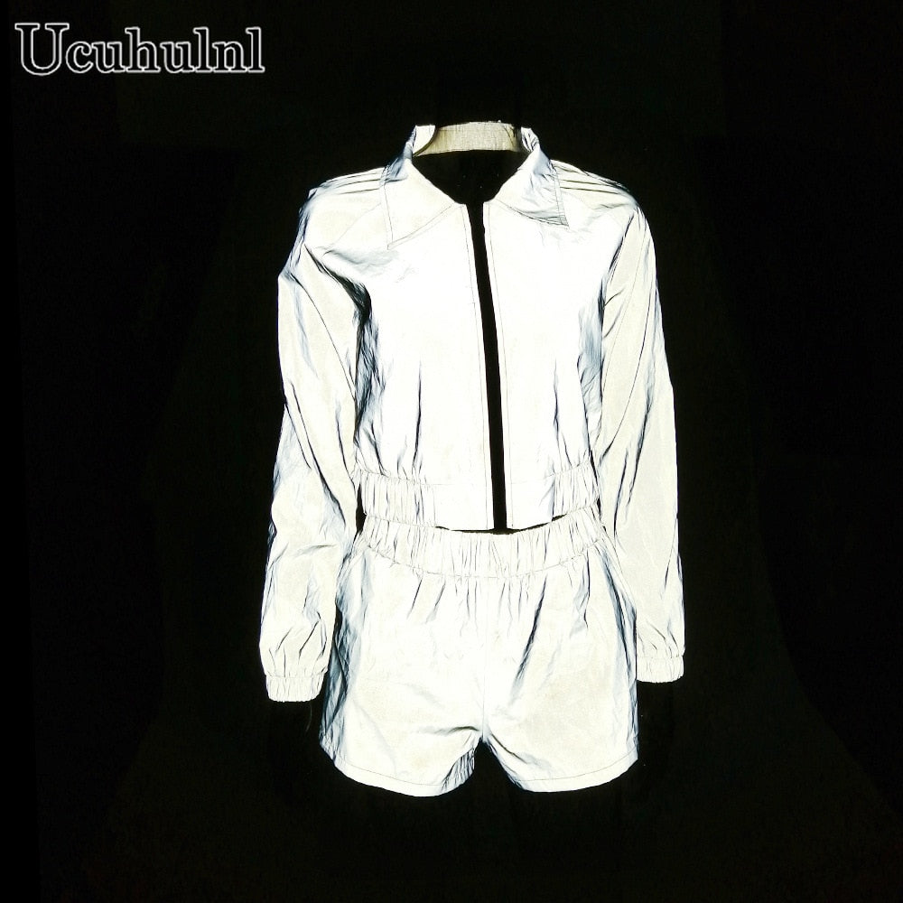 Women Tracksuit Zip Reflective Light Short Jackets Tops Casual Clubwear Sports Suit Festival Clothes Two Piece Set Pants Women