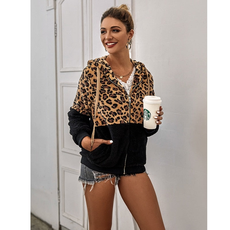 New Leopard Patchwork Women Teddy Coat Autumn Hooded Fluffy Plush Winter Faux Fur Jacket Coat Women Coat Fur Sweater Hoodie