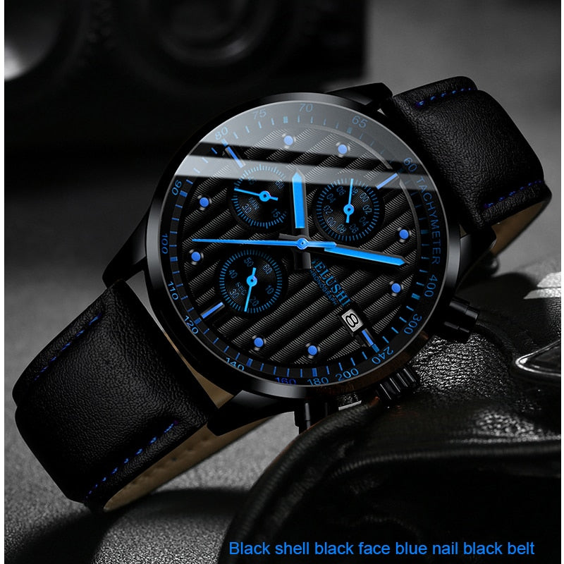 BELUSHI Fashion Leather Men Watches Chronograph Sport Quartz Watch Men Business Waterproof Luminous Wristwatch Relogio Masculino