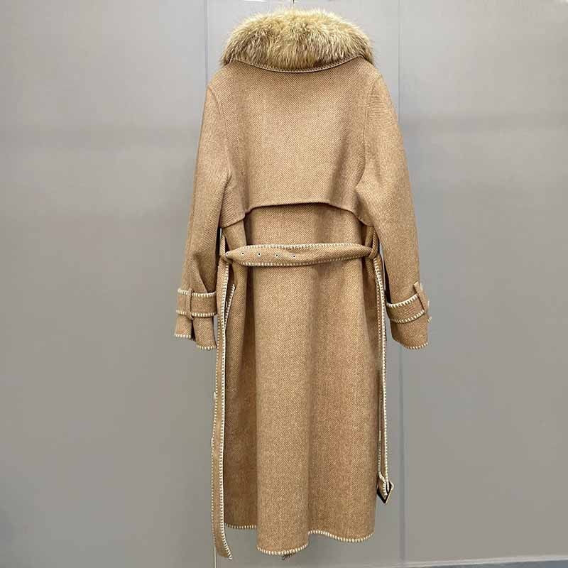 New 2021 Ladies Double-breasted Belted Genuine Wool Jacket Women&#39;s Long Trench Coat With Fox Fur Collar