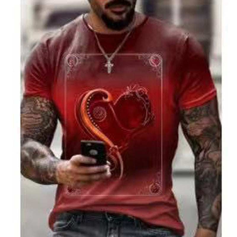 New Oversize T-shirt Men Summer Fashion Cool Tshirt For Male Clothing Casual Harajuku Red Heart Poker 3D Print Men&#39;s T Shirt Top