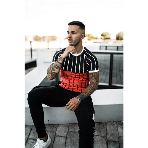 new brand men's stylish cool T-shirt, men's casual style striped hip-hop short sleeve street element printed top, wholesale