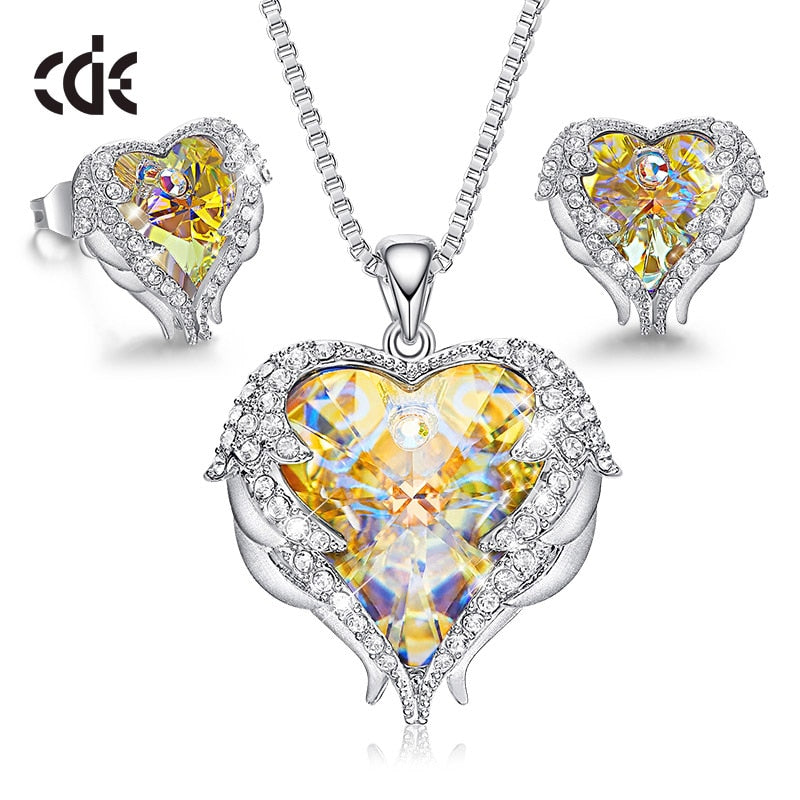 CDE Women Necklace Earrings Jewelry Set Embellished With Crystals Women Heart Pendant Stud Fashion Jewelry Gift