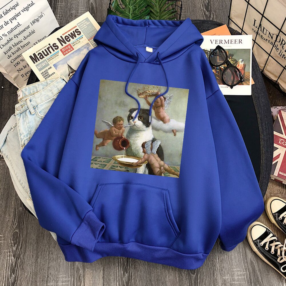 Cat And Angel Kawaii Comic Prints Woman Hooded Hip Hop Simple Hoody Comfort And Leisure Hoodie Spring 2021 Trendy Women Hoodies