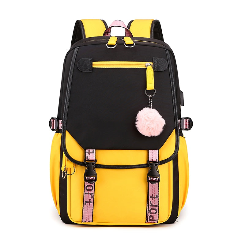 Fengdong large school bags for teenage girls USB port canvas schoolbag student book bag fashion black pink teen school backpack