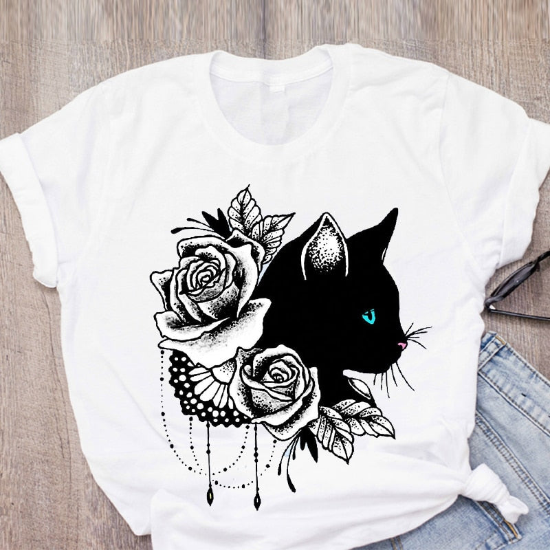 Women Cat Mother Flower Floral Pet Short Sleeve Fashion Print Summer Lady Womens Clothing Tops T-Shirt Shirt Tees Female T Shirt