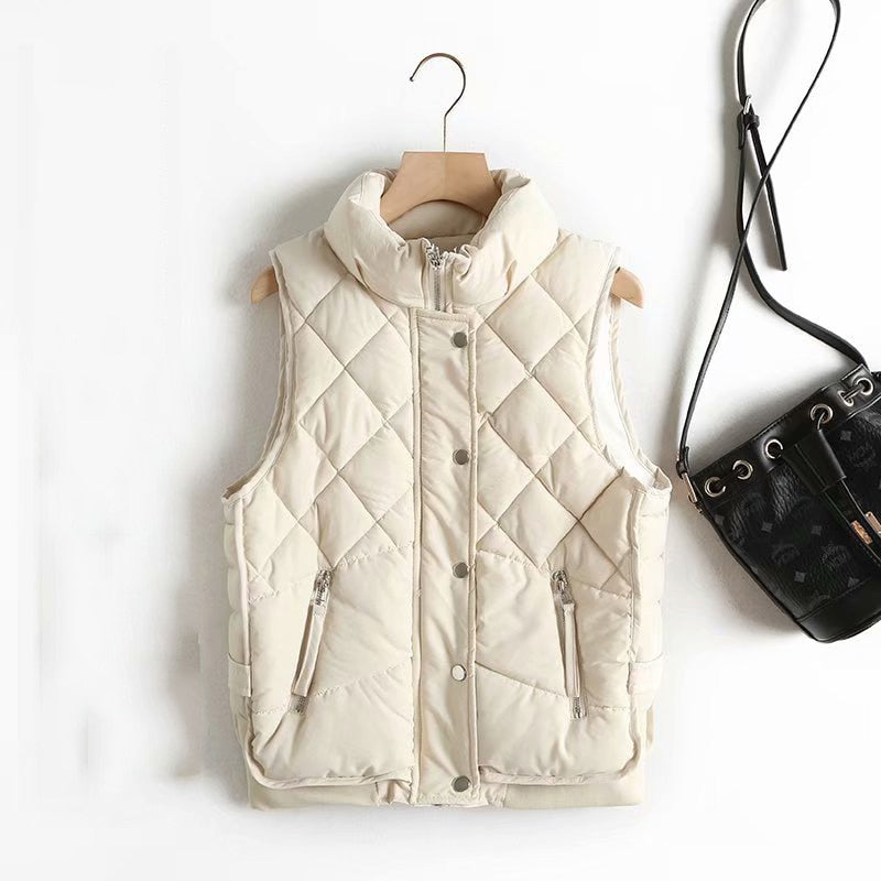 2022 Stand Collar Zipper Pocket Women's Vest Autumn Winter Diamond Cotton Vest Jacket Female Jackets Autumn Spring Women Warm