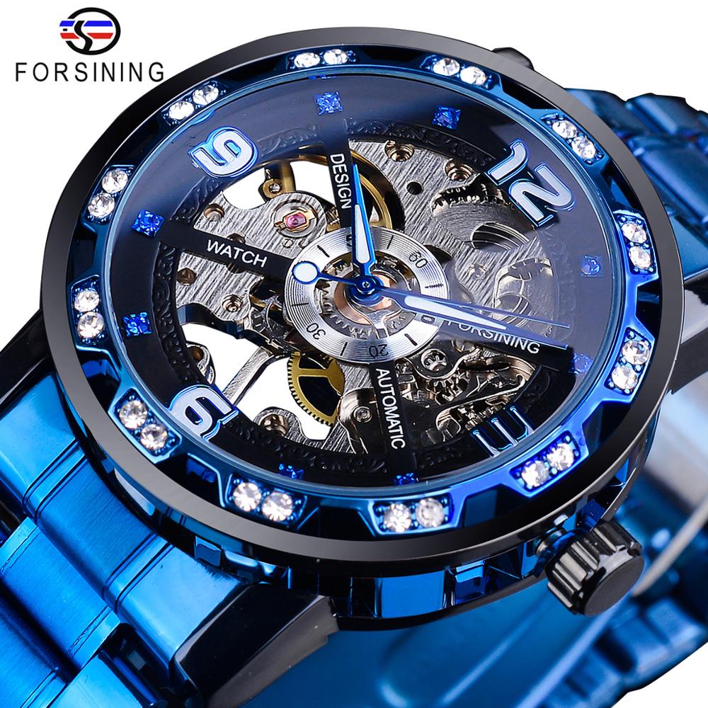 Forsining Fashion Diamond Golden Sliver Skeleton Mechanical Watch Stainless Steel Luminous Men Watches Sport Business Wristwatch