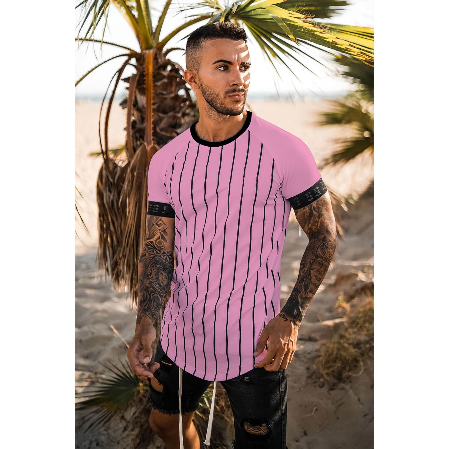 new brand men's stylish cool T-shirt, men's casual style striped hip-hop short sleeve street element printed top, wholesale