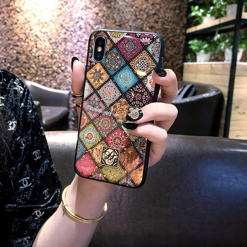 Luxury Bling Glitter Phone Cases For iPhone X 8 7 6 6S Plus Gold Foil Soft Silicone Cover For iPhone XS MAX XR Retro Flower Case