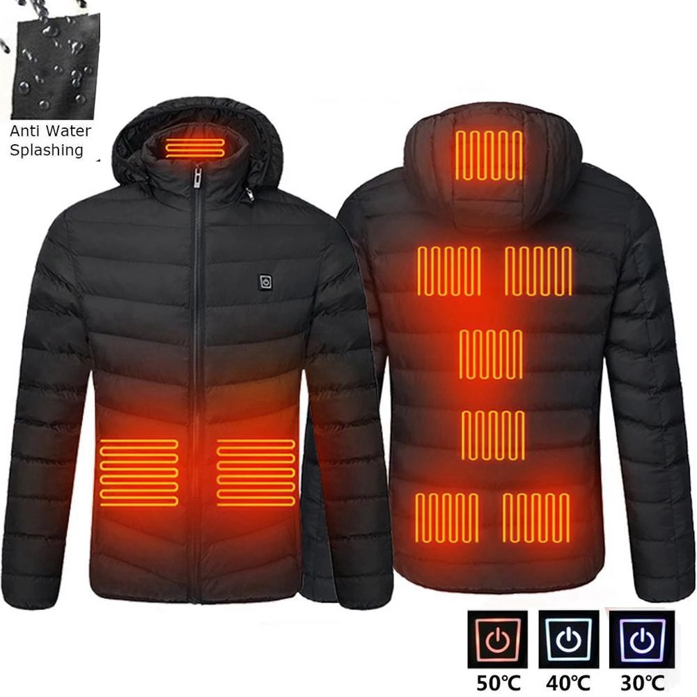 NWE Men Winter Warm USB Heating Jackets Smart Thermostat Pure Color Hooded Heated Clothing Waterproof  Warm Jackets