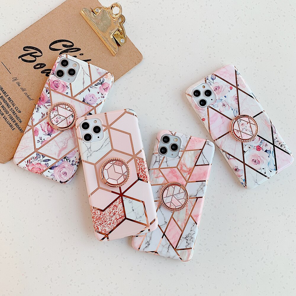 LACK Plating Geometric Marble Ring Stand Phone Case For iphone 13 Cute Flowers Cases For iphone 12Pro XR X XS 11 7 8Plus Cover