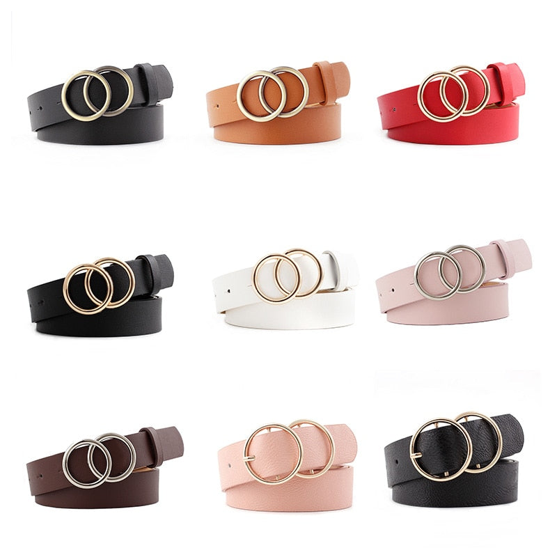 22 Styles Fashion Leather Women Belts Harajuku Gold Silver Double Round Buckle Waist Strap Trouser Jeans Female Waistband