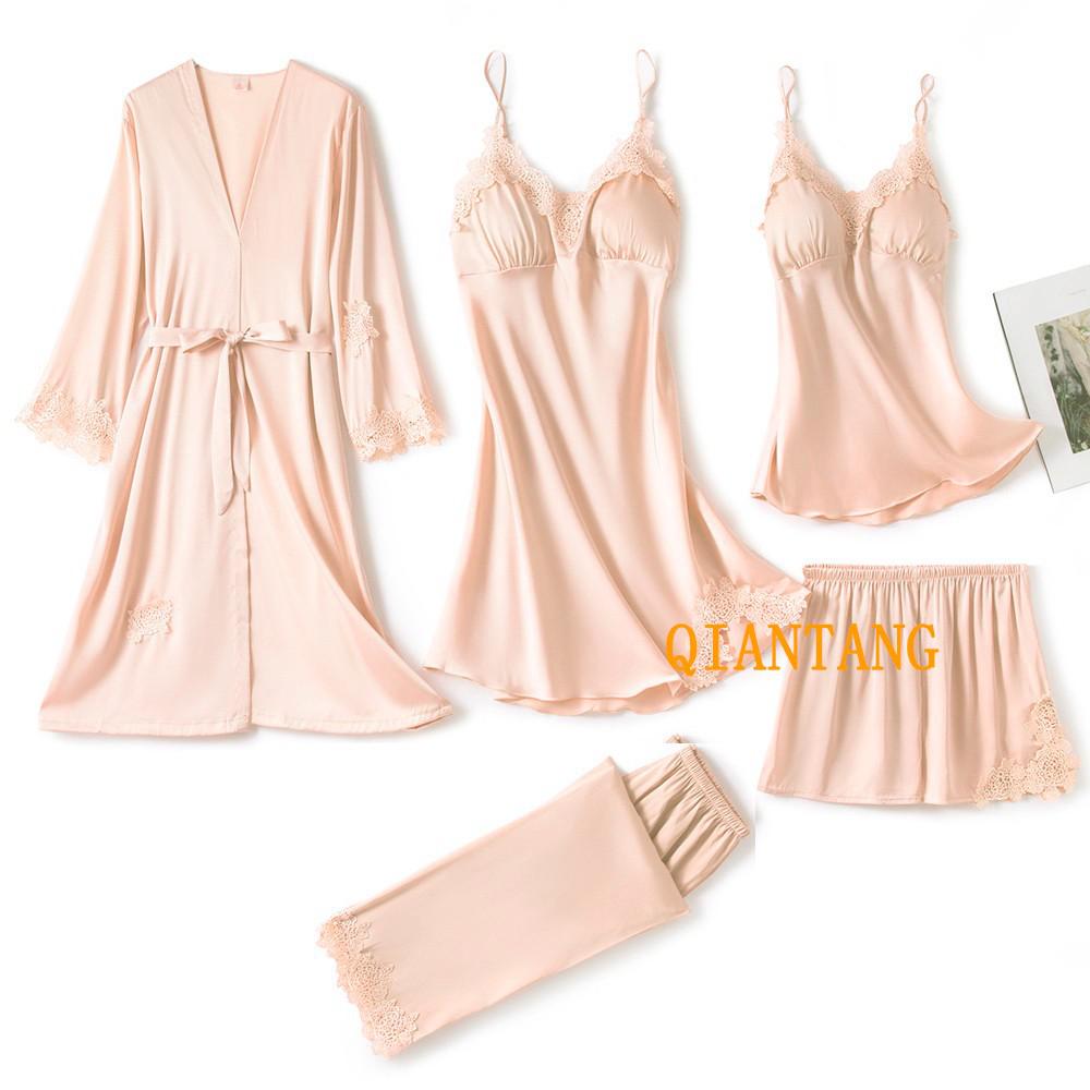 5PC Silk Robe Sleep Suit Womens Lace Satin Pajamas Gown Set V-Neck Cami Nighties Wear Pijama Home Nightwear Spring Nightdress