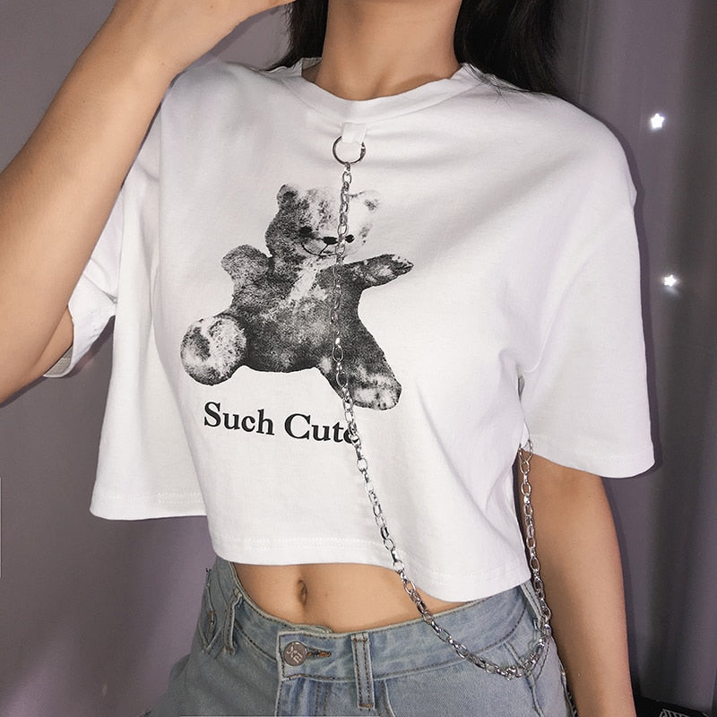 Rockmore Animals Printed Chain Tshirts Crop Tops Short Sleeve T Shirts Women White Streetwear Basic Tee Shirts Black