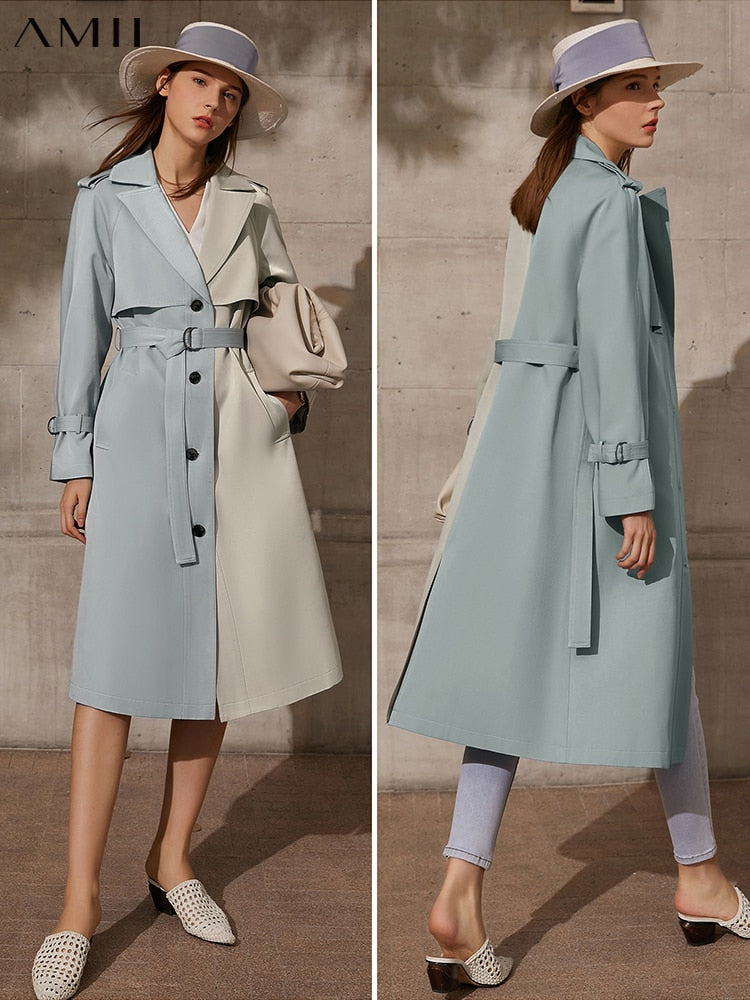 Amii Minimalism Spring Autumn Women's Trench Coat Causal Lapel Patchwork Single Breasted Women's Windbreaker  12170025