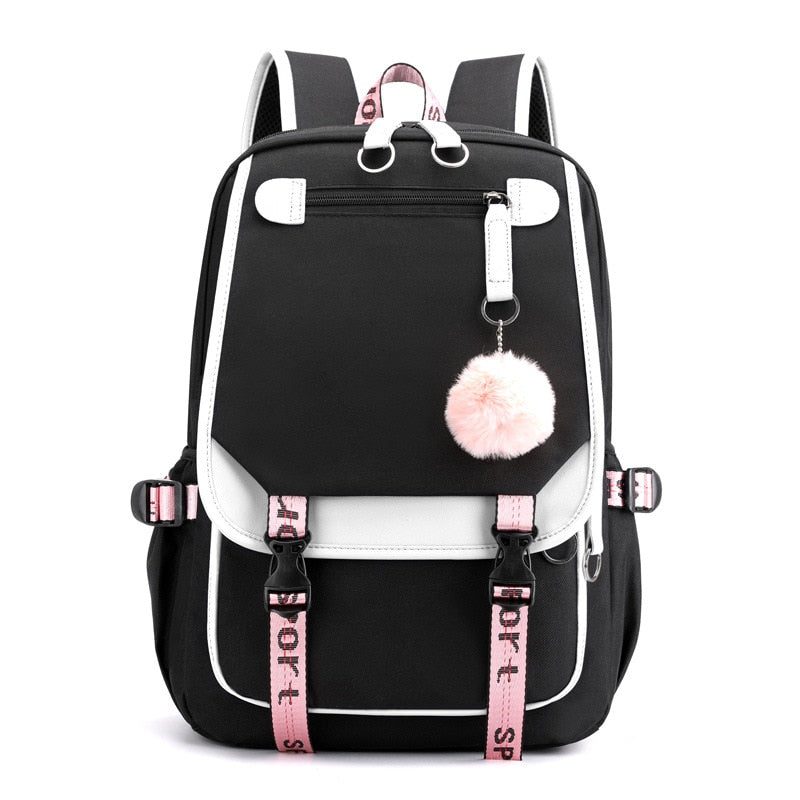 Fengdong large school bags for teenage girls USB port canvas schoolbag student book bag fashion black pink teen school backpack