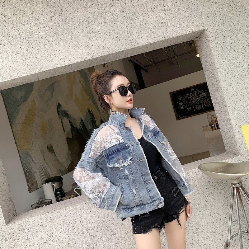 New Summer Long Sleeve Large Size Jeans Jackets Women's Coat Loose Lace Stitching Perspective Top Jacket Ladies Denim Coat