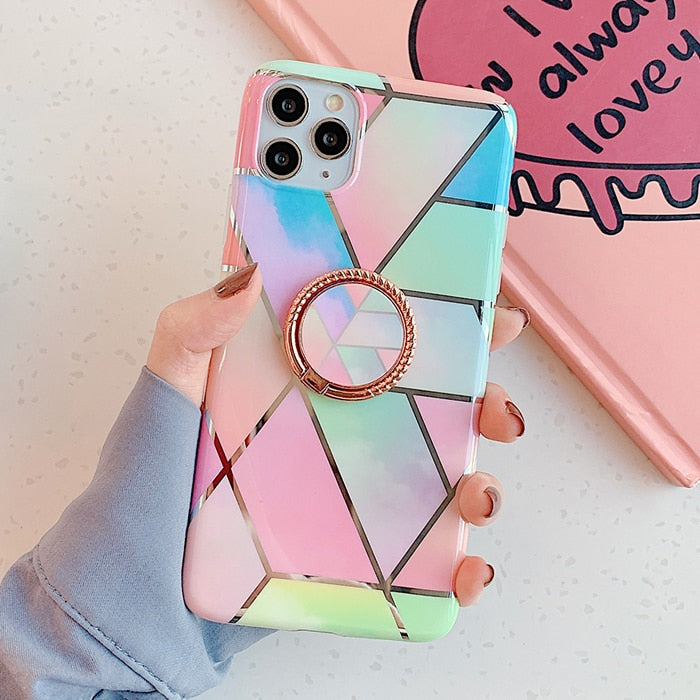 LACK Plating Geometric Marble Ring Stand Phone Case For iphone 13 Cute Flowers Cases For iphone 12Pro XR X XS 11 7 8Plus Cover