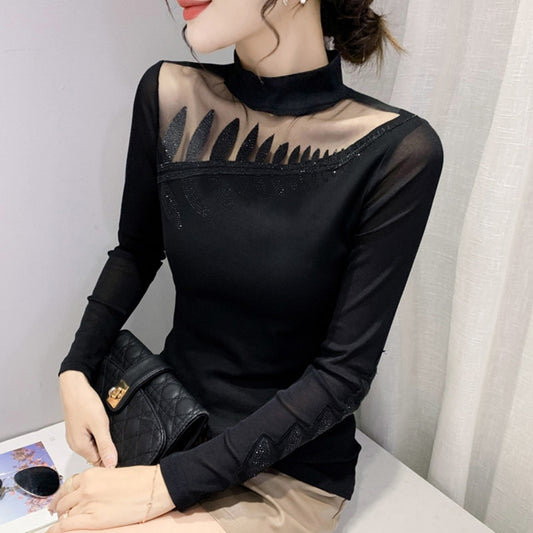 New 2022 Spring Autumn Long Sleeve T-Shirt Fashion Casual Turtleneck Diamond Woman Tshirts