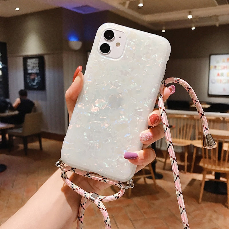 LACK Conch Shell Tape Necklace Lanyard Phone Case for 12 11Pro XS Max XR X 7 8Plus SE Strap Cord Chain Carry Cover Cases Hang