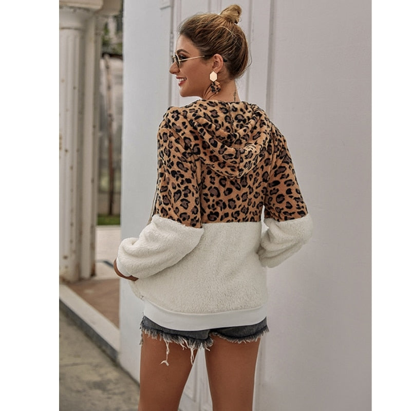 New Leopard Patchwork Women Teddy Coat Autumn Hooded Fluffy Plush Winter Faux Fur Jacket Coat Women Coat Fur Sweater Hoodie