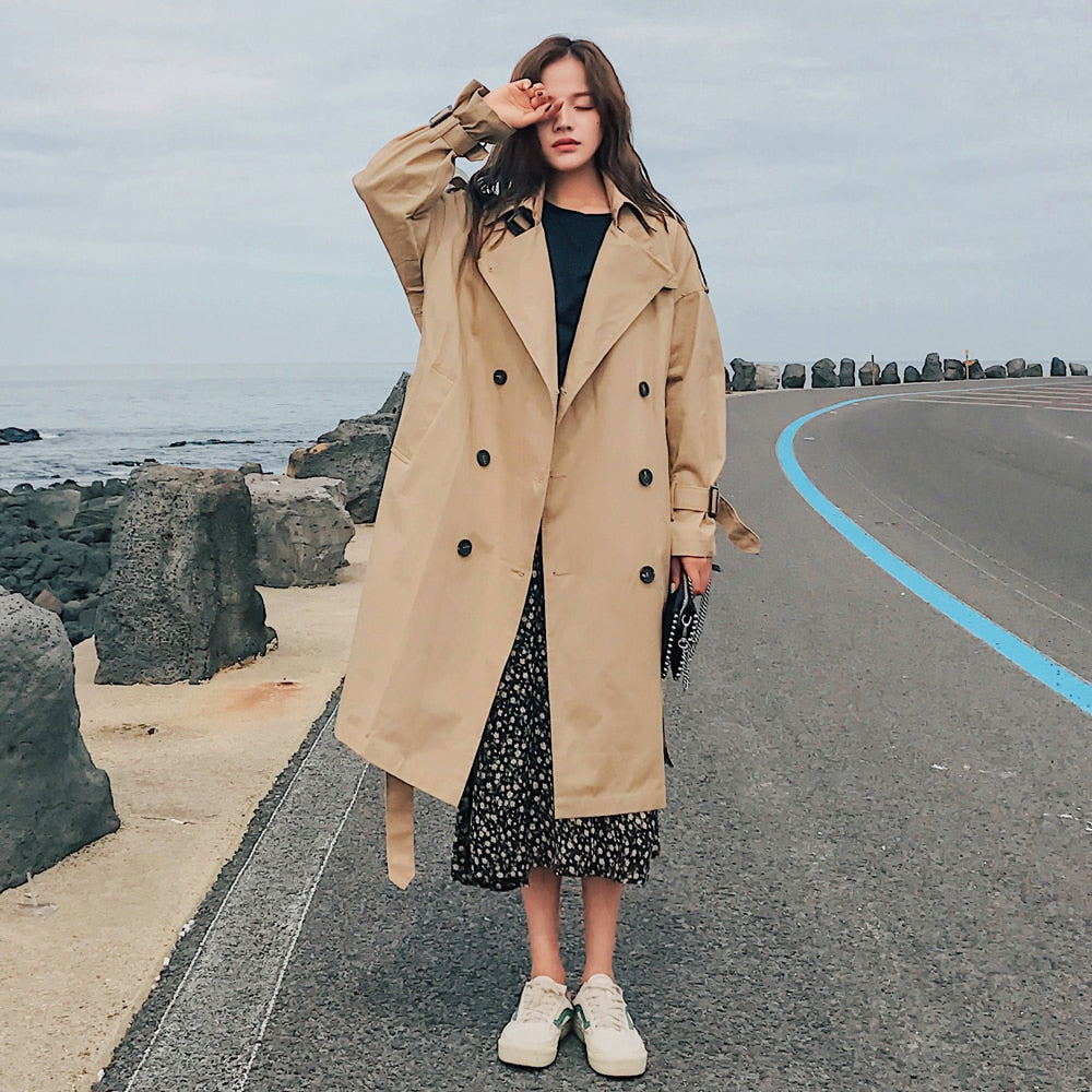 Fashion Brand New Women Trench Coat Long Double-Breasted Belt Blue Khaki Lady Clothes Autumn Spring Outerwear Oversize Quality