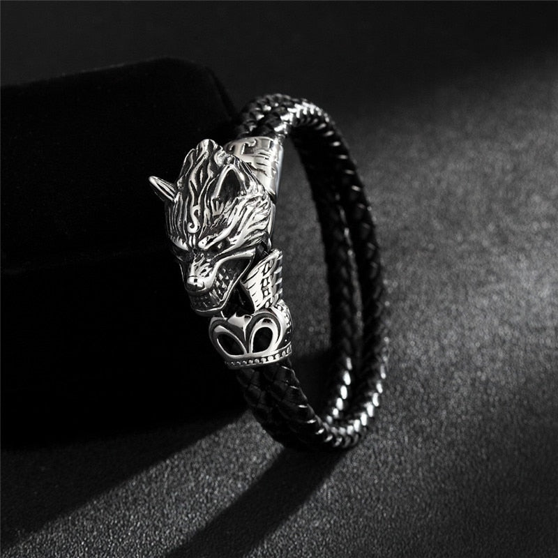 Fashion Men Jewelry Titanium Steel Wolf Head Bracelet High Quality Leather Woven Wristband Charm Bracelet Antique Jewelry Gifts