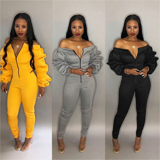 YJSFG HOUSE Women Casual Jumpsuit Zipper Front Slash Neck Off Shoulder Long Puff sleeve Rompers Yellow Overalls Female Jumpsuits