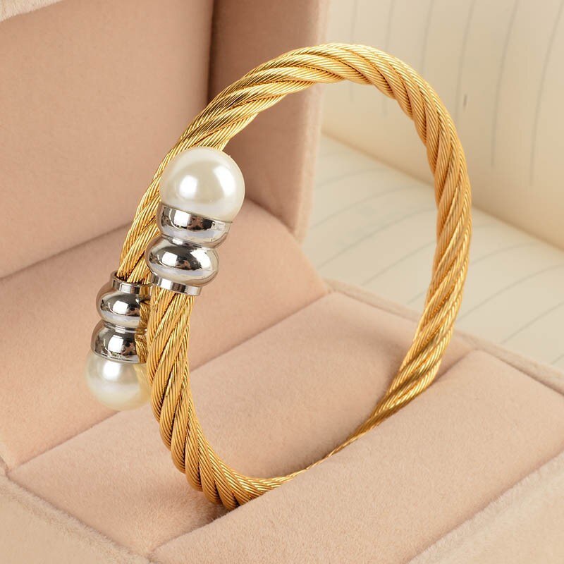 New Women Cable Bangles Gold 316l Stainless Steel Bracelet Fashion Pearl Jewelry