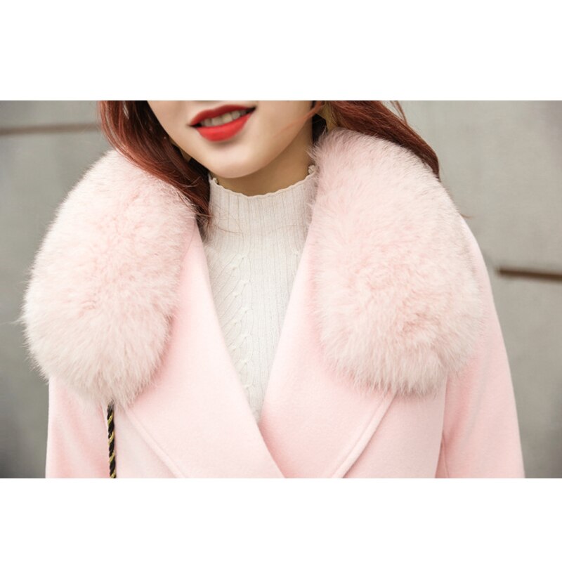 Fashion Women Woolen Coat 2019 Winter New Slim Solid Pocket Double-Breasted Big Fur Collar Thick Warm Woolen Coat Female Outwear