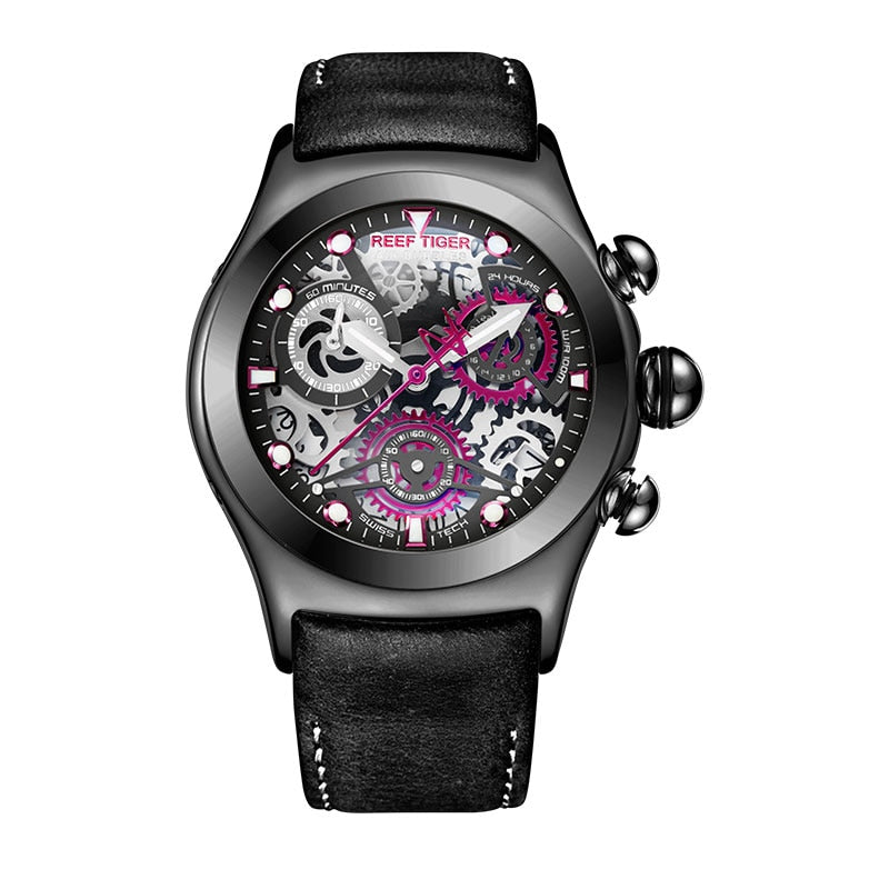 Reef Tiger/RT Mens Sport Watches with Chronograph Skeleton Dial Date Three Counters Steel Watch RGA792